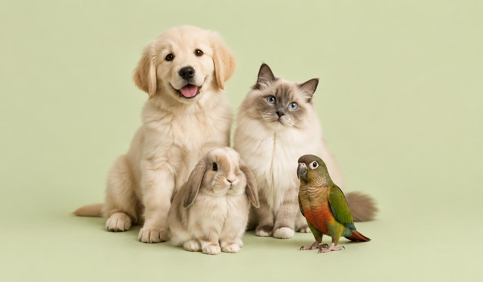 A dog, cat, rabbit and parrot together on a soft green studio background